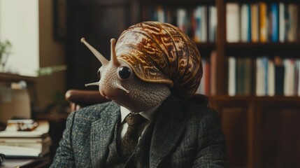 Snail with suit and tie in room with books. The snail has a textured shell and antennae. AI.