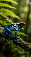 A vibrant blue and yellow poison dart frog perches on a mossy branch, with a lush green forest backdrop