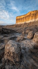 Cliff formation with layered rock and arid landscape under a blue, cloudy sky. AI.