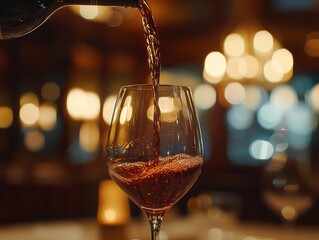 Red wine is poured into a clear wine glass, creating bubbles. A wine bottle and blurry lights appear in the background. AI.
