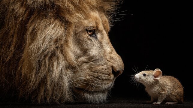 A lion and a mouse face each other in a dark environment, highlighting their size difference and contrasting characteristics. This captivating moment reflects nature's diversity.