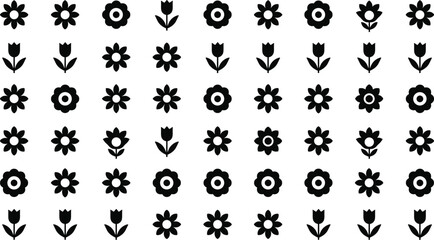 Black floral icons pattern, minimalist flower grid, abstract botanical symbols, seamless design elements, monochrome blossoms, vector floral art, decorative texture