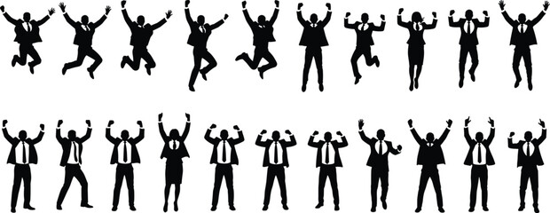 Business success, corporate celebration, team achievement, professional victory, workplace joy, career growth, triumphant pose, office motivation, leadership energy, business teamwork