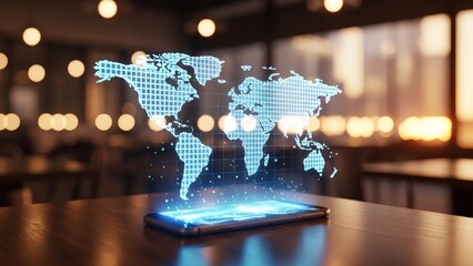 Digital World Map on Smartphone Screen.
