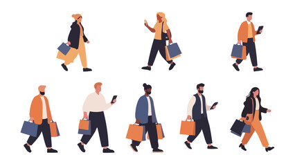 Fototapeta premium Diverse group of people walking and shopping, some using smartphones, depicted in a modern flat illustration style.