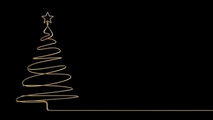 Minimalist Golden Christmas Tree Outline on Black Background.
