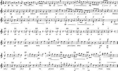 Musical notation sheet, treble clef, time signature, key signature, tempo markings, dynamic symbols, rhythm patterns, classical music, music theory