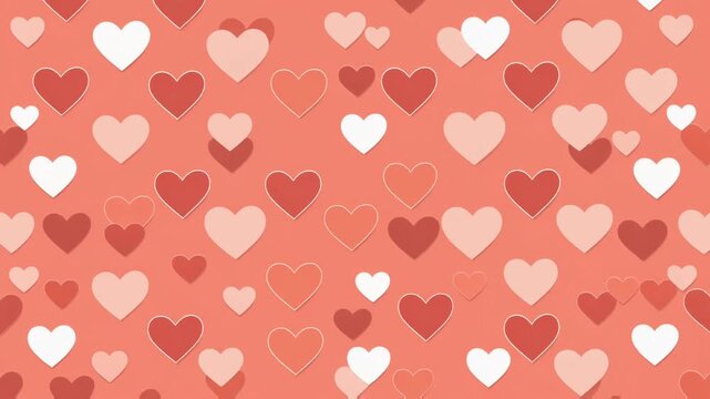 Seamless repeating pattern of scattered white, peach, and deep red vector hearts overlaid on a vibrant coral background, perfect for romantic holiday wallpaper design.