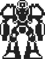 Fototapeta premium Retro pixel robot warrior standing frontal view classic 8 bit arcade mecha character with armor, futuristic sci fi battle machine