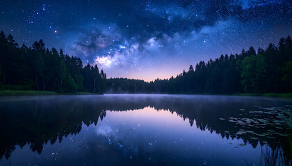 A forest scene with the starry sky reflected on the lake surface