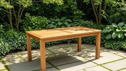 Obraz premium Wooden Outdoor Table on Patio with Greenery