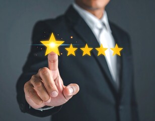 Person in suit pointing at a glowing five-star rating