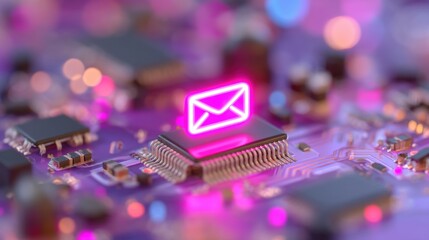 Glowing neon email icon on a microchip circuit board displays digital message with purple pink and blue lights technology background