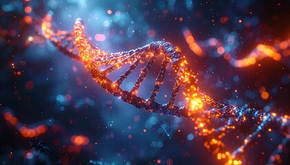 Abstract DNA strand with glowing particles and vibrant colors.