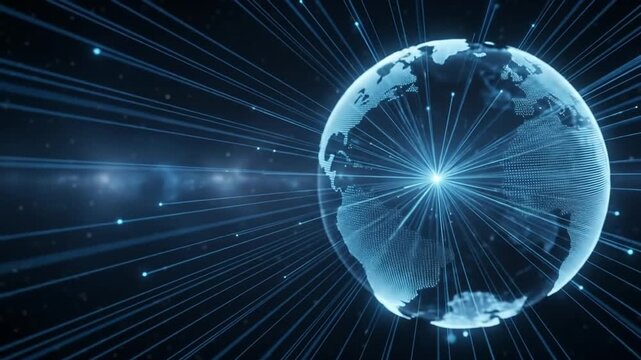 Global Network Connections Represented by a Digital Globe with Blue Light Radiating Outward Illustrate the Connected World and Data Transmission. 4k video