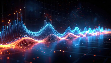 Abstract Data Visualization: Glowing Waveforms and Grid on Dark Background
