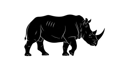 Obraz premium A powerful rhinoceros profile is shown as a strong black silhouette isolated on white background.