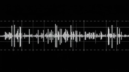 Highly contrasted digital audio equalizer displaying a monochromatic sound wave spectrum against a solid black background, rendered as a futuristic vector data visualization. - Powered by Adobe