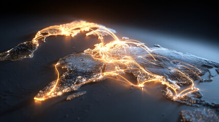 Digital map with glowing connections represents global economic bloc interactions and networks