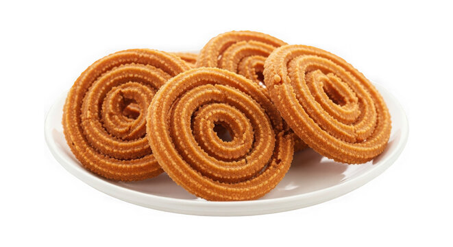 A plate full of crispy golden-brown murukku, a traditional indian savory snack isolated on transparent background
