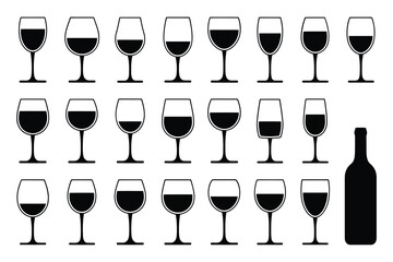 Collection of wine glasses with varying fills and a single bottle