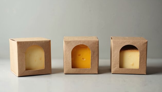 Minimalist brown paper boxes hold cheese blocks with clear windows. Three rustic packages display dairy products. Ideal for food blogs, artisanal food shops, gourmet recipes, gourmet cheese brands. - Powered by Adobe