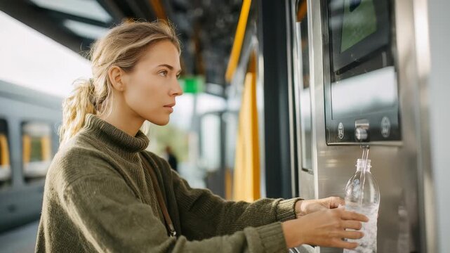 A blonde woman in a green sweater uses a public water dispenser to refill her bottle at a busy train station. The scene emphasizes sustainability, environmental awareness, and conscious travel choices