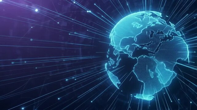 Global Network Connections Represented by a Digital Globe with Blue Light Radiating Outward Illustrate the Connected World and Data Transmission. 4k video