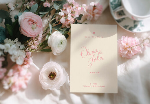 Floral Wedding Invitation Card Mockup PSD