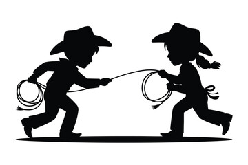 Two cartoon cowboys playfully roping a silhouette of western fun