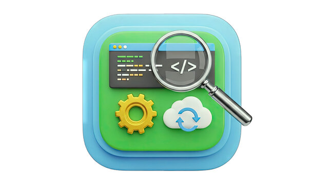 Code Analysis Icon with Magnifying Glass and Cloud