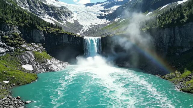 Cascading waterfall tumbles into a vibrant turquoise glacial lake surrounded by majestic mountains and lush green slopes.