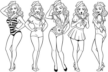 Set of five vintage pin-up girls vector illustrations wearing retro sailor swimsuits, monochrome hand-drawn style, 1950s fashion, sexy model poses.