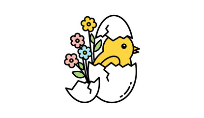 A vector illustration of a cute yellow chick just hatched from an egg, decorated with colorful flowers. It's a symbol of rebirth, spring, and Easter celebrations.