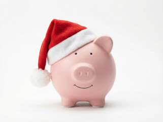 premium happy piggy bank wearing a tilted christmas santa hat isolated on white background with studio lighting for festive savings and finance concepts