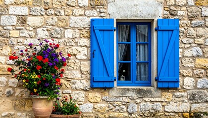 A charming rustic stone facade features a vibrant blue window frame with shutters. Colorful flowers cascade from clay pots, adding beauty