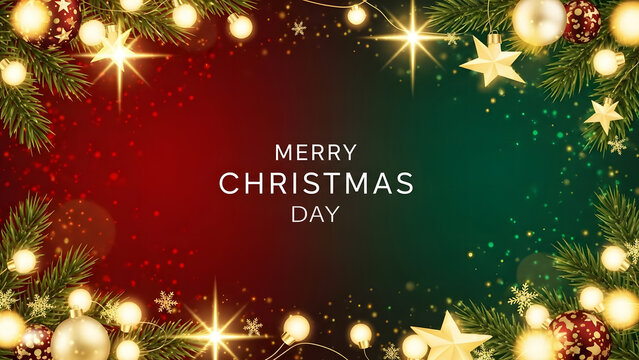 Merry christmas day banner with red and green background and sparkling christmas decorations