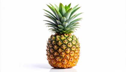 A vibrant and fresh pineapple with a spiky crown on white.