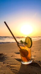Cocktail on sandy beach with ocean and setting sun backdrop