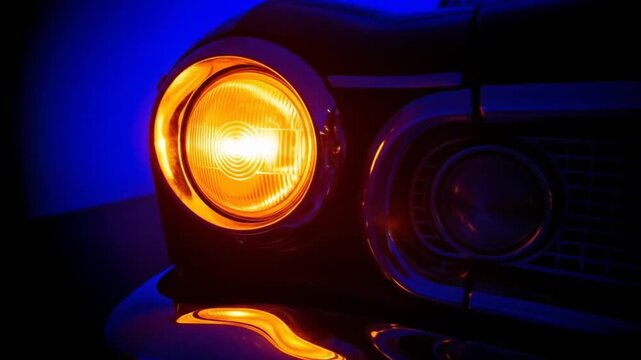Glowing yellow headlight of a vintage car in blue and orange ambient light, dark background