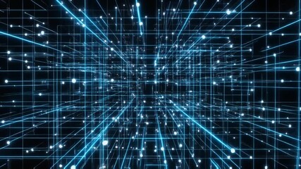 Futuristic 3D abstract visualization of high-speed data traveling across a complex technological matrix network grid rendered with bright neon blue light. - Powered by Adobe