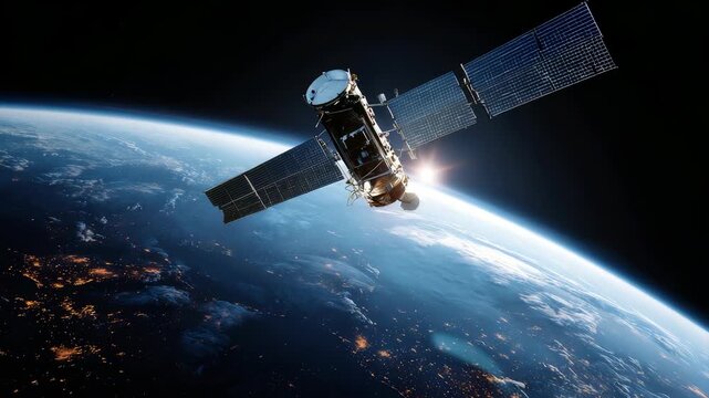 A detailed satellite floats in low Earth orbit, with the blue planet and glowing city lights visible below. The scene represents innovation, global connectivity, and scientific progress