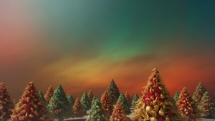 Magical winter forest under a vibrant aurora borealis sky with snow covered evergreen trees