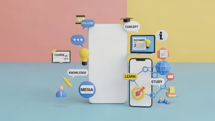 Fototapeta premium 3D Illustration. Smartphone with white blank screen and education icons on pastel color background. Online education. E-learning.