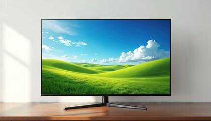 Modern flat screen TV displays vivid green rolling hills under bright blue sky with fluffy white clouds. Electronic device sits on wooden table against plain wall. This image combines nature and tech.