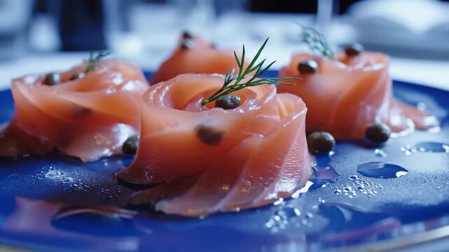 Four Smoked Salmon Rosettes Elegantly Presented with Dill and Capers on a Blue Plate