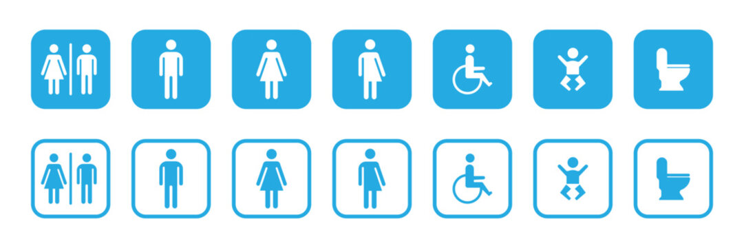 Washroom signs line and solid blue colour. Restroom bathroom and change room sign. Toilet sign. Printable blue sticker of toilet symbol with man woman baby cleaning icons. 