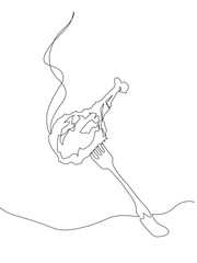 Continuous one line illustration of a fried chicken drumstick on a fork with rising steam, clean black outline on white background, symbolizing hot food and simple modern dining. Vetor Editable stroke