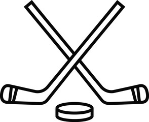 Minimalist line art illustration of crossed hockey sticks and a puck, symbolizing ice hockey sport, competition, and winter games on a clean background.130