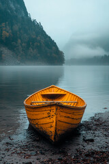 Bote de remos de madera amarillo en la orilla de un lago de montaña con niebla y bosque al fondo. Paisaje sereno y melancólico con una barca solitaria en un lago tranquilo durante una mañana de niebla © Antonio
